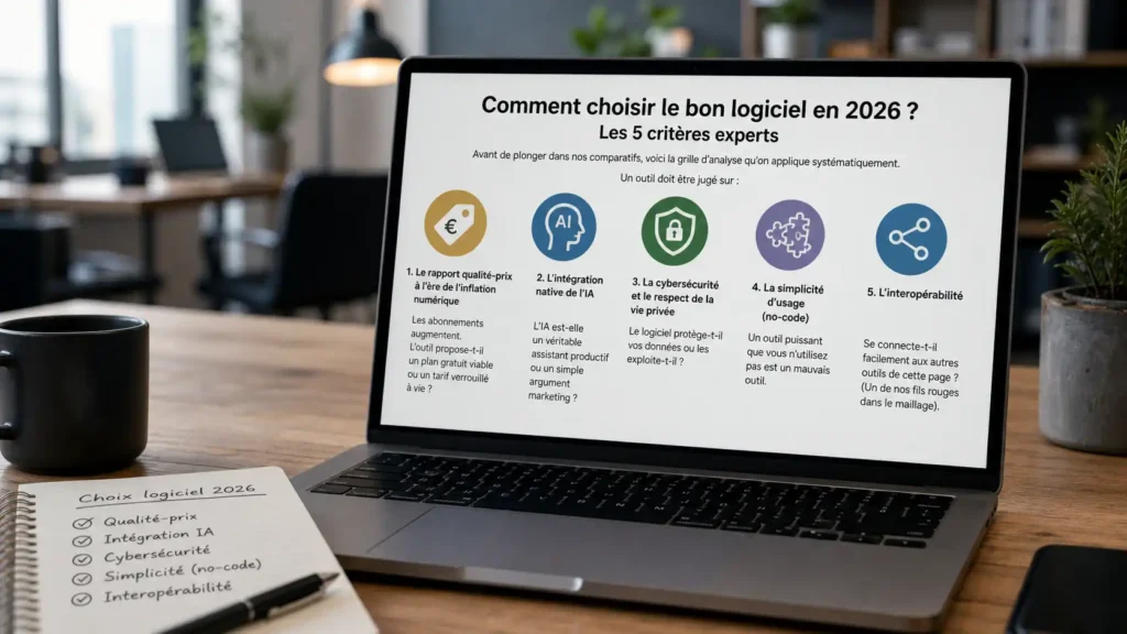 Comment choisir le bon logiciel en 2026 – écran d’ordinateur affichant les 5 critères experts : qualité-prix, intégration IA, cybersécurité, simplicité no-code et interopérabilité dans un bureau moderne