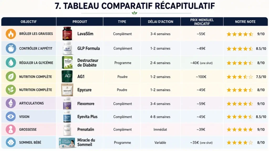 Comparatif complet compléments alimentaires 2026 : brûleur de graisse, glycémie, articulations, sommeil et grossesse avec avis et prix