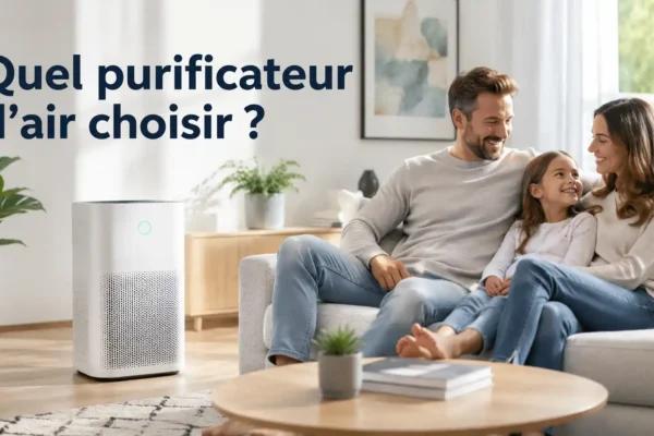 Famille heureuse dans un salon lumineux avec purificateur d’air moderne pour améliorer la qualité de l’air intérieur, réduire les allergies, la poussière et les polluants.