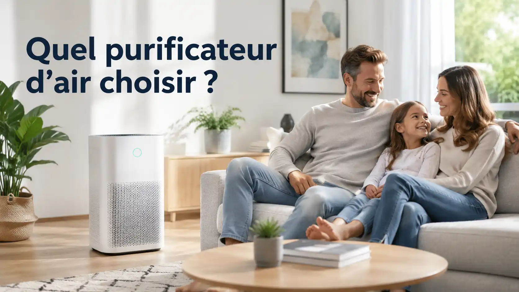Famille heureuse dans un salon lumineux avec purificateur d’air moderne pour améliorer la qualité de l’air intérieur, réduire les allergies, la poussière et les polluants.