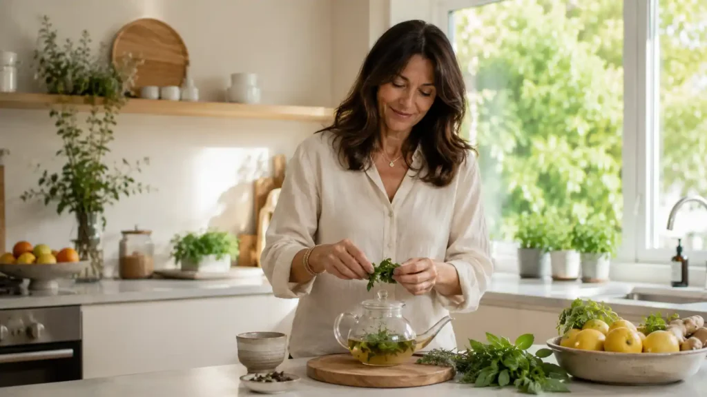 Métabolisme lent Femme de 45 à 55 ans préparant une infusion aux herbes dans une cuisine lumineuse, ambiance lifestyle naturel avec citrons, plantes et lumière du jour.