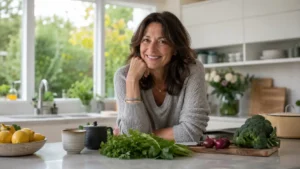 Métabloisme lent, Femme de 45 à 55 ans souriante dans une cuisine lumineuse avec légumes frais, herbes et lumière naturelle, ambiance lifestyle bien-être naturel.