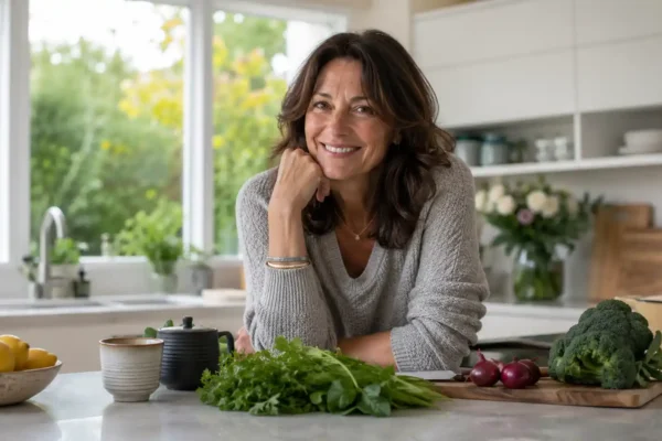 Métabloisme lent, Femme de 45 à 55 ans souriante dans une cuisine lumineuse avec légumes frais, herbes et lumière naturelle, ambiance lifestyle bien-être naturel.