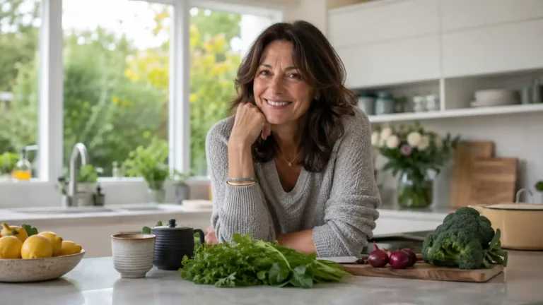 Métabloisme lent, Femme de 45 à 55 ans souriante dans une cuisine lumineuse avec légumes frais, herbes et lumière naturelle, ambiance lifestyle bien-être naturel.