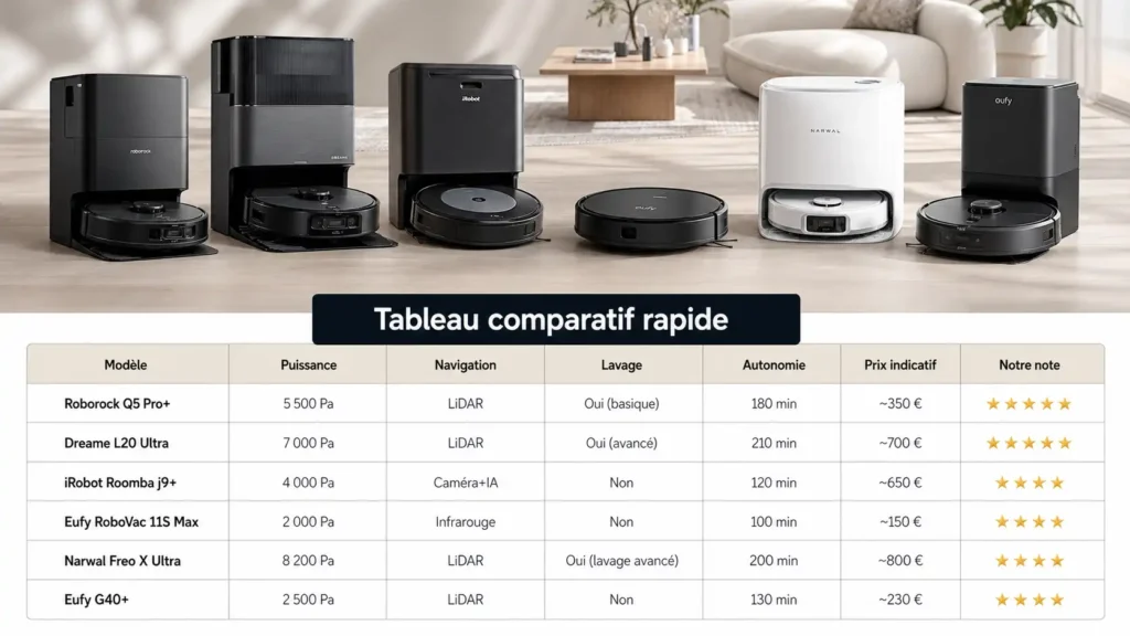 Tableau comparatif des meilleurs robots aspirateurs 2026 avec puissance, navigation, lavage, autonomie, prix et note