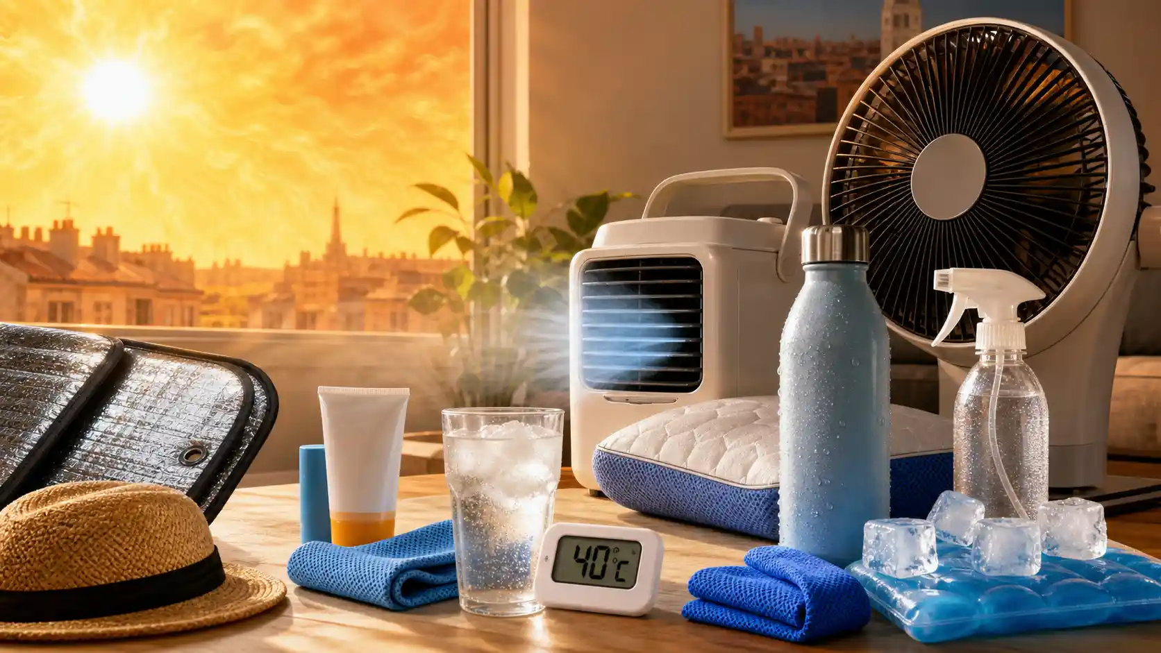 Kit canicule France 2026 avec ventilateur, gourde isotherme, brumisateur et produits indispensables contre la chaleur