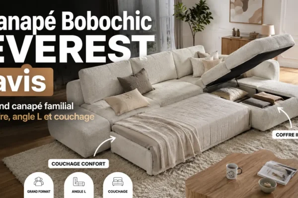 Canapé Bobochic EVEREST avis : grand canapé familial avec coffre, angle L et couchage