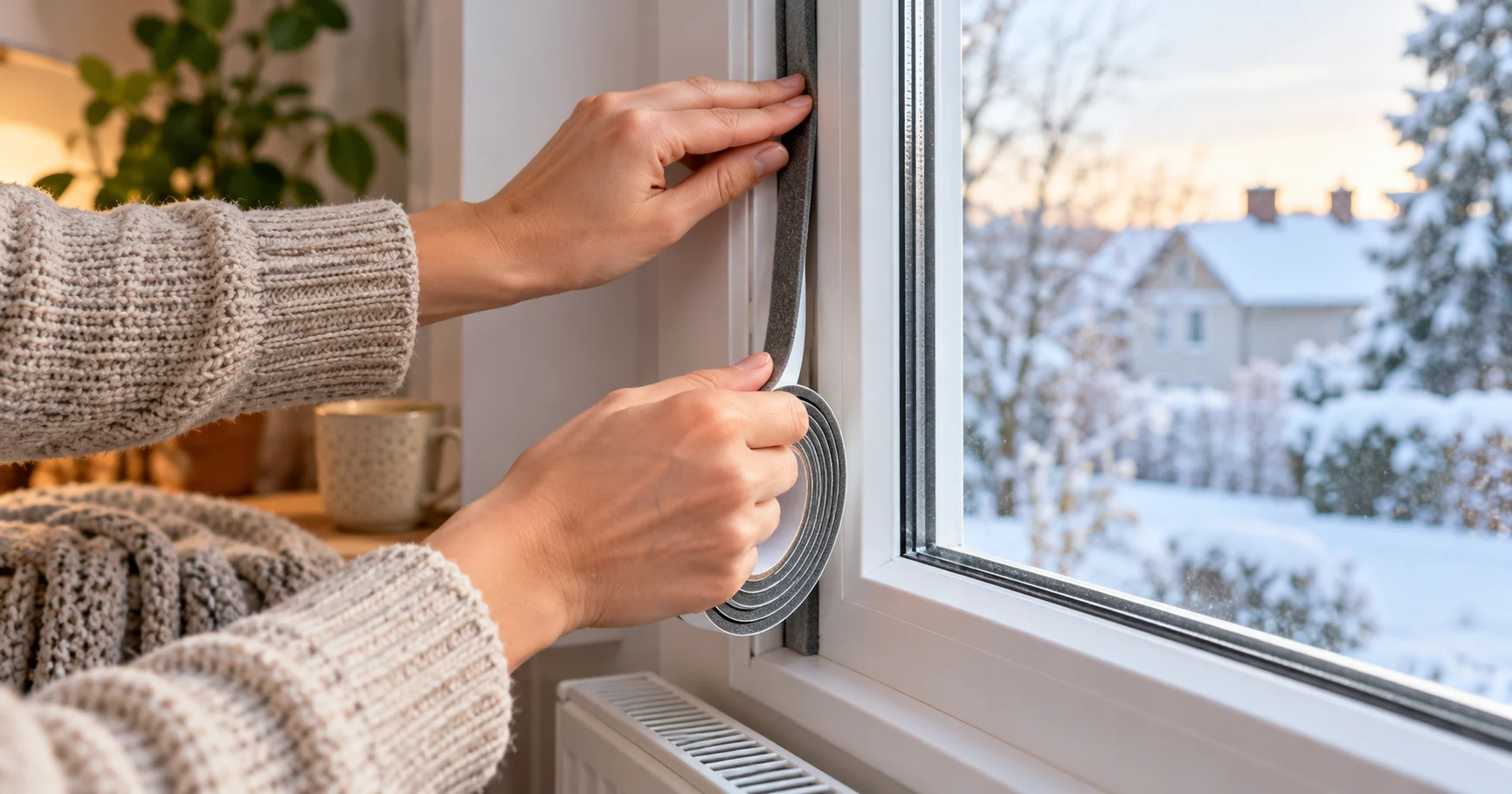 Fenêtre sans travaux : pose d’un joint autocollant sur un cadre de fenêtre en hiver