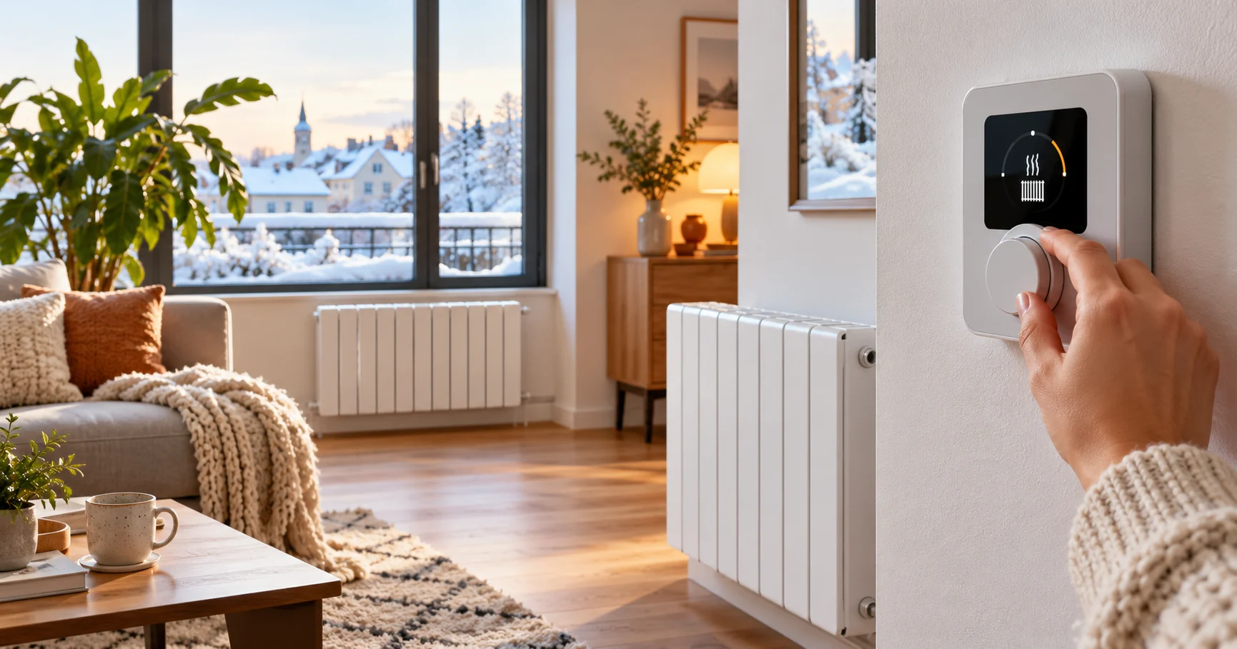 Thermostat de chauffage mural dans un salon, exemple de régulation des températures pour réduire la facture de chauffage