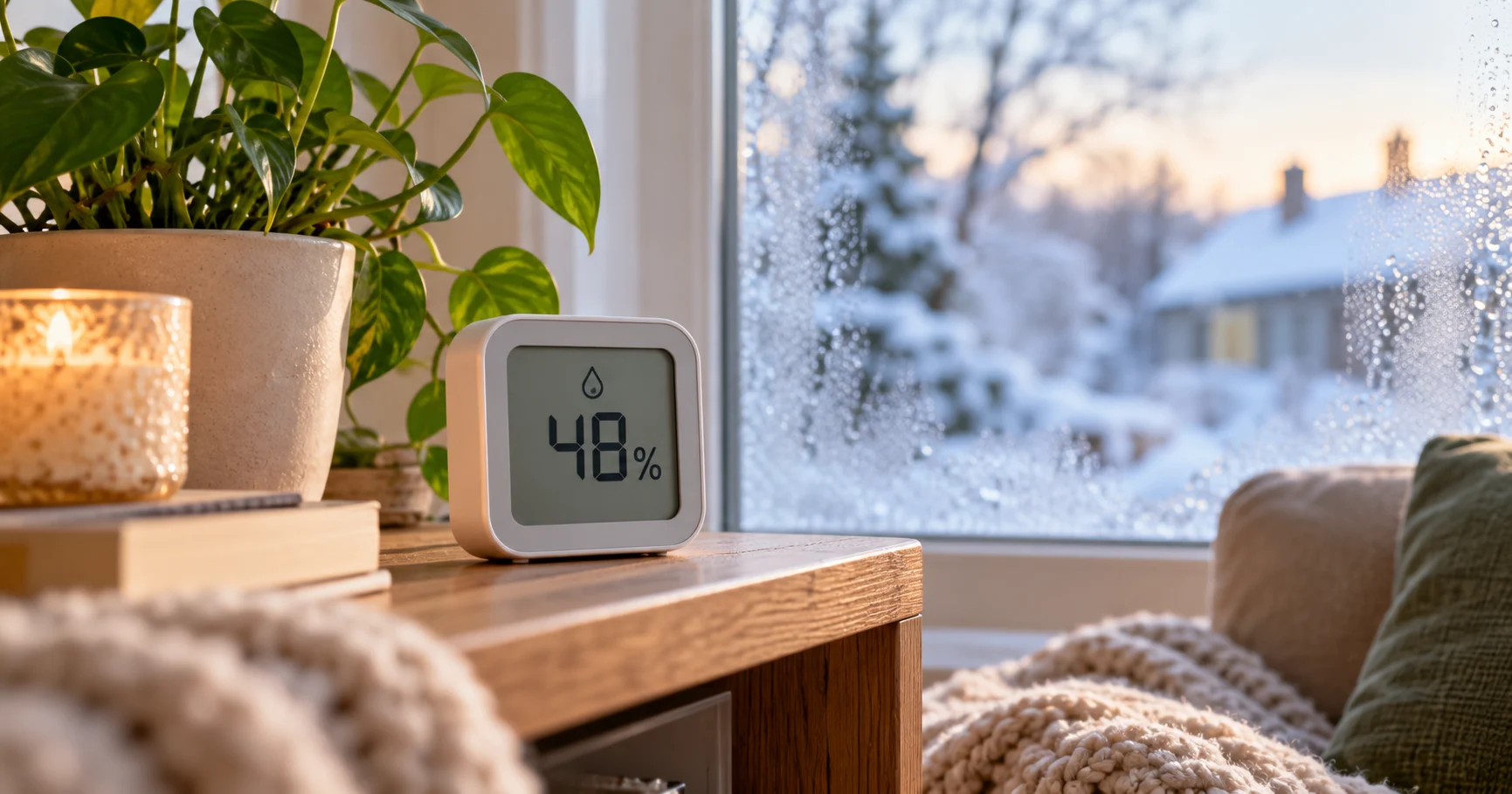 Hygromètre maison numérique affichant 48 % d’humidité près d’une fenêtre en hiver